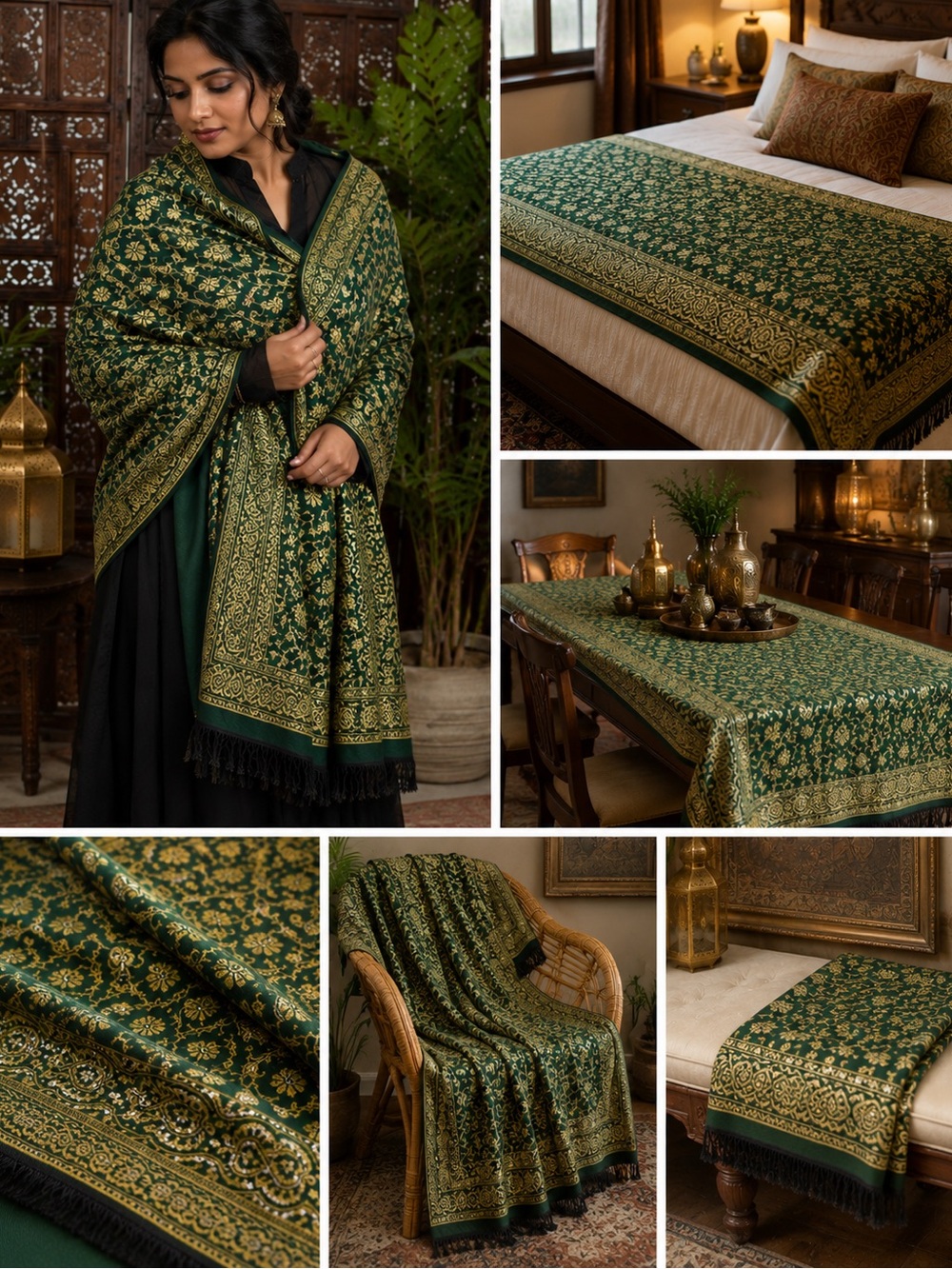Kashmiri Shawl Made in India Green Metallic Paisley Oversized 46x96